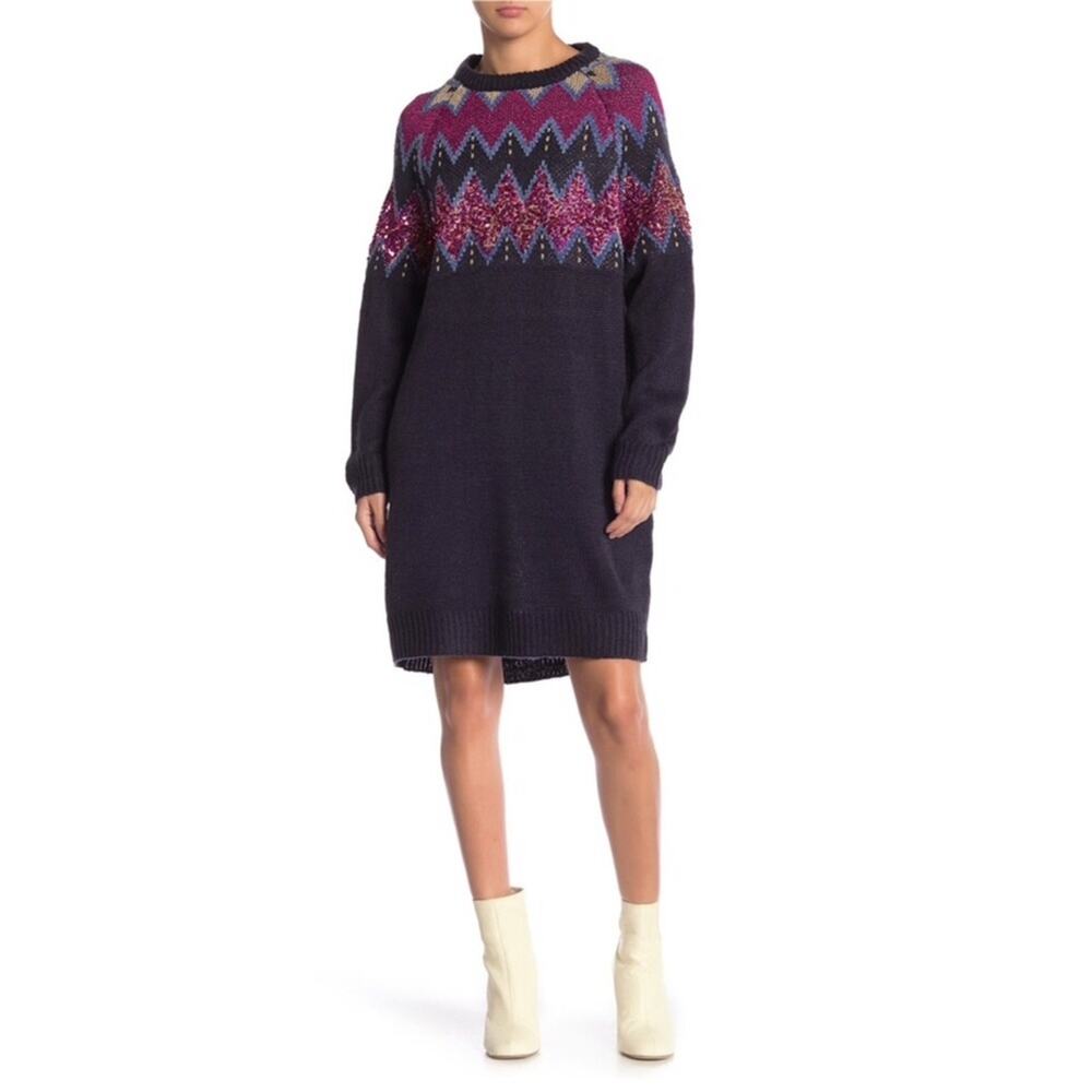 Sequin Sweater Dress Alpine Fair Isle Winter Holiday Solutions Chunky sz S